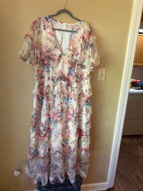 SHEIN White Floral V-Neck Ruffle Maxi Dress